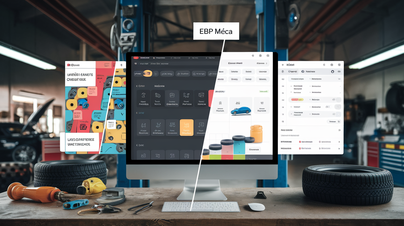 Comparatif visuel de logiciels de gestion garage, ambiance sarcastique atelier auto