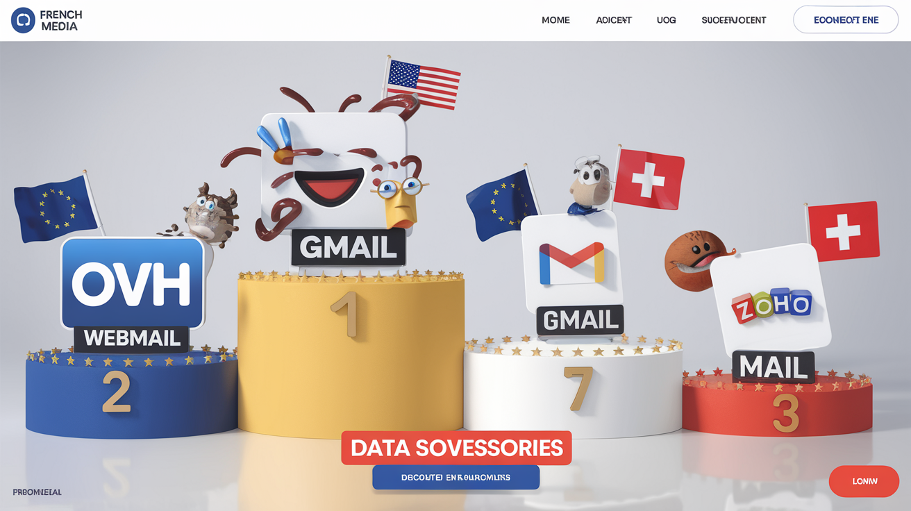 Comparatif graphique entre webmail OVH, Gmail, Zoho et Proton