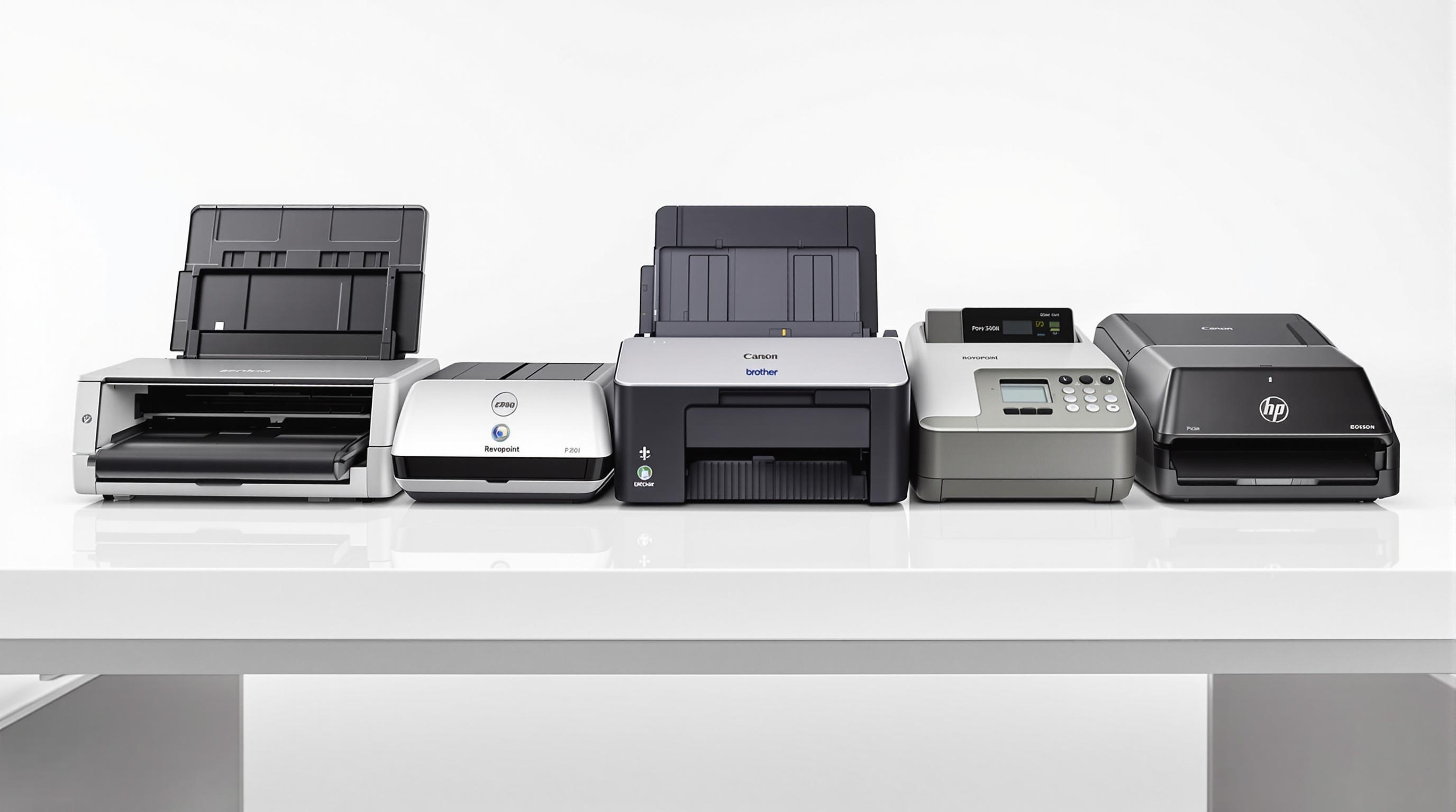 Les cinq scanners portables stars 2025 alignés sur un bureau minimaliste, fond blanc