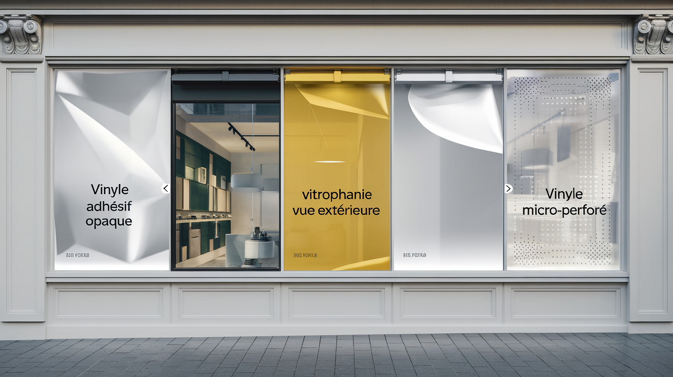 Comparatif stickers vitrine : vinyle opaque, vitrophanie, micro-perforé (image Europe Etiquettes)