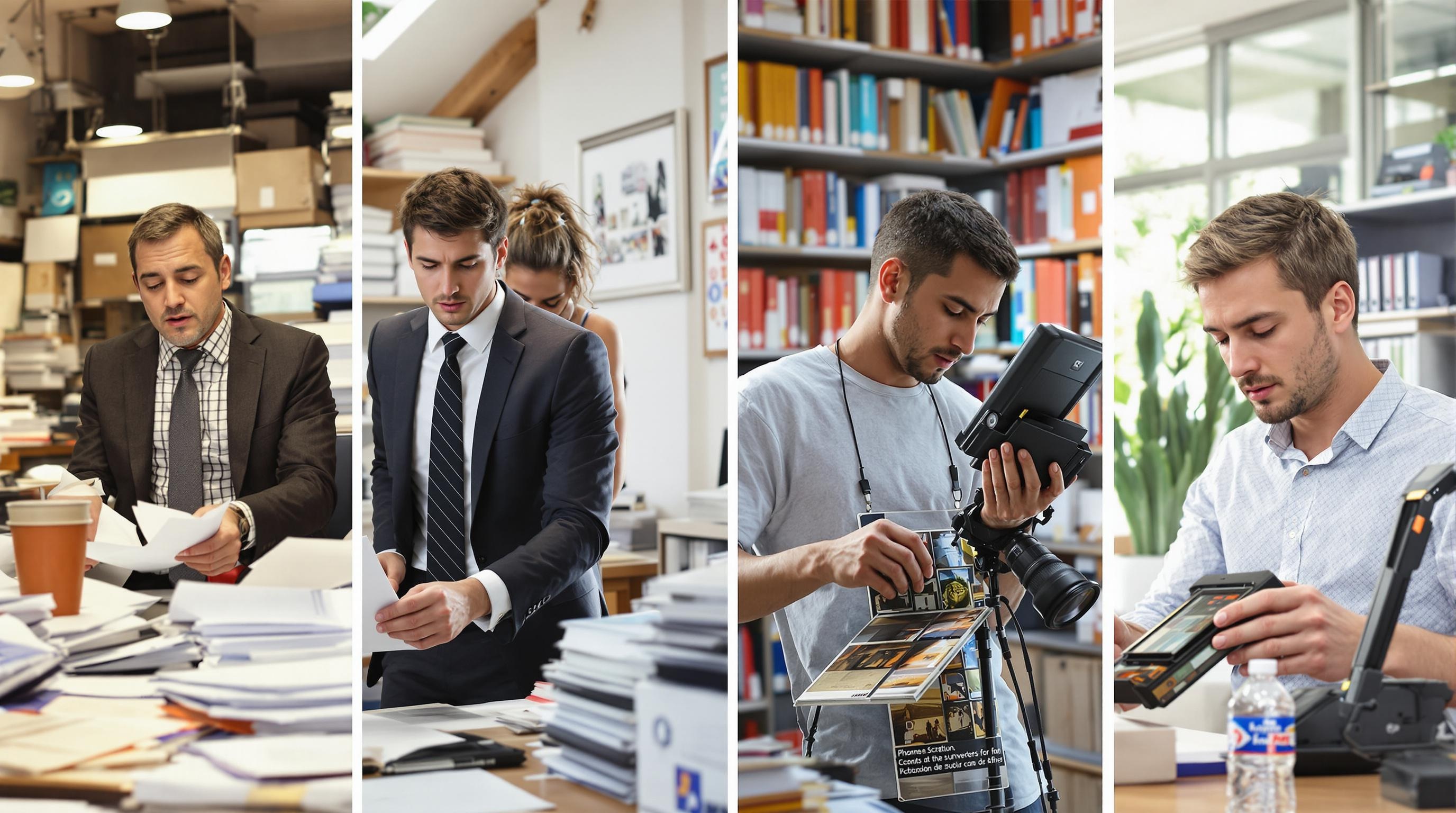 Consultant, PME, étudiant et photographe utilisant chacun un scanner portable dans leur contexte.