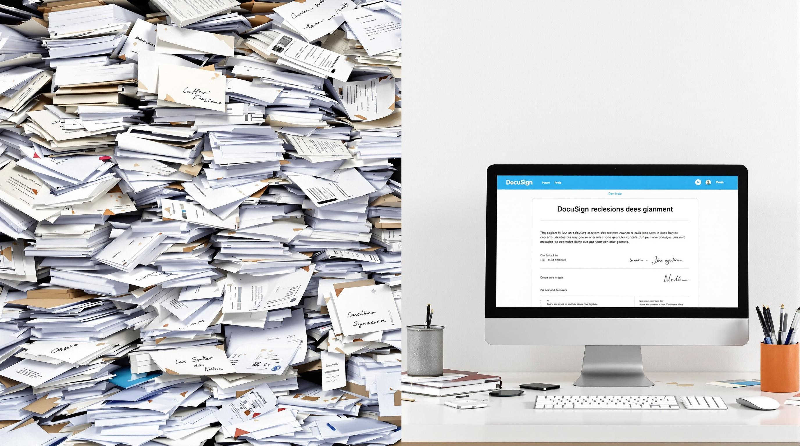 Illustration de la transition entre paperasse et gestion numérique avec DocuSign