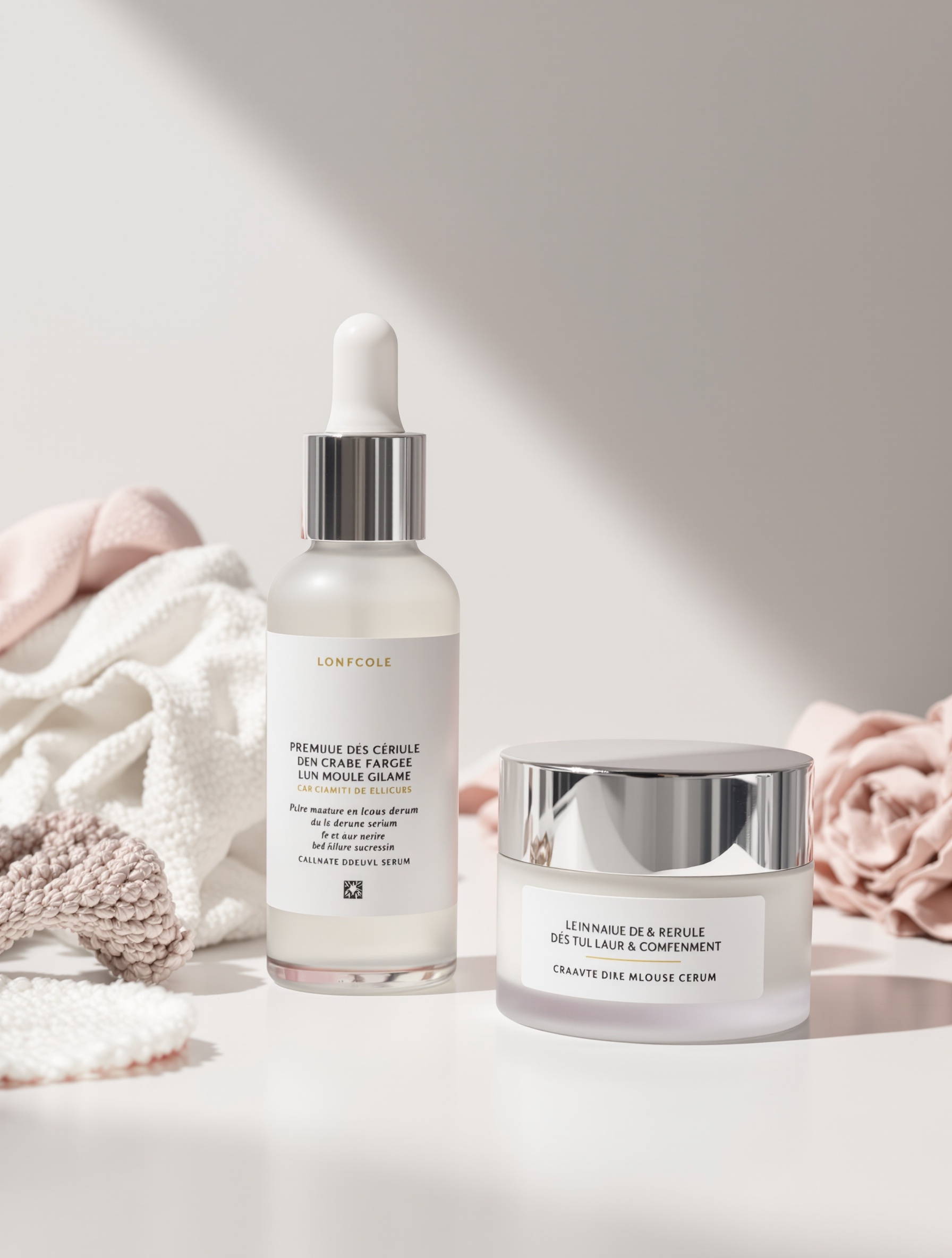 Gamme de cosmétiques avec étiquettes parfaites et alignées, ambiance qualité.