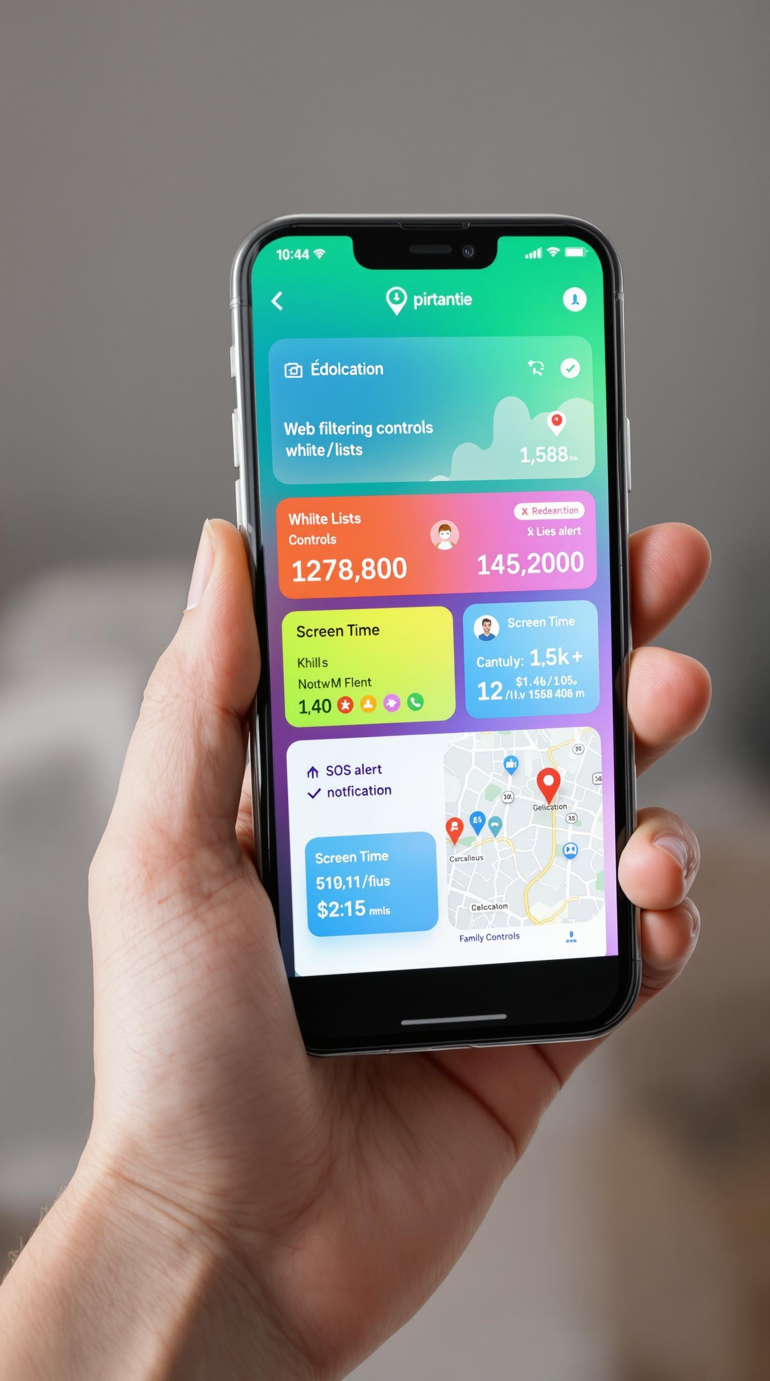 Dashboard contrôle parental moderne filtrage géolocalisation temps d'écran