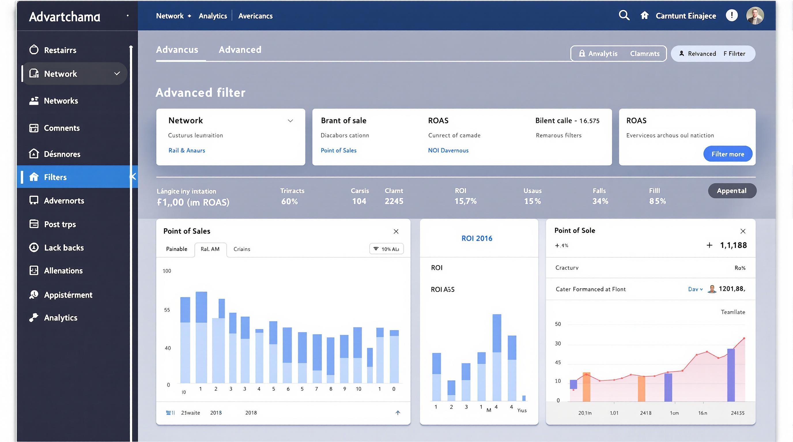 Dashboard Widely avec filtres avancés par réseau, enseigne et point de vente, et indicateurs ROI et ROAS visibles