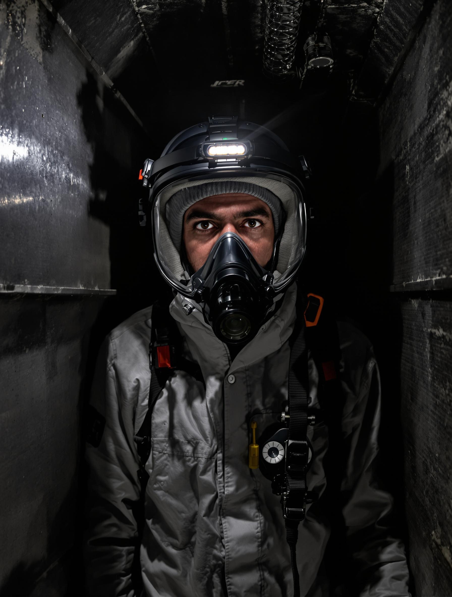 Dératiseur en combinaison intégrale inspectant un conduit sombre, reflet de phare sur casque