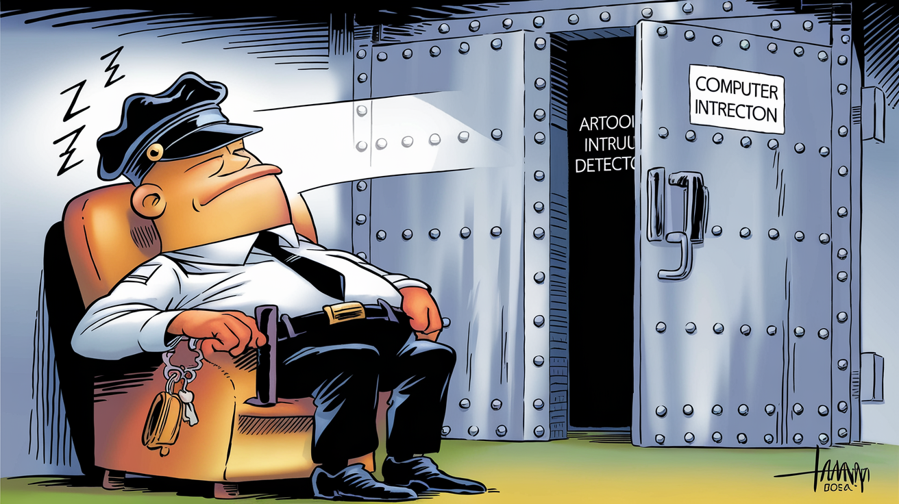 Détecteur d'intrusion informatique, vigile endormi caricature