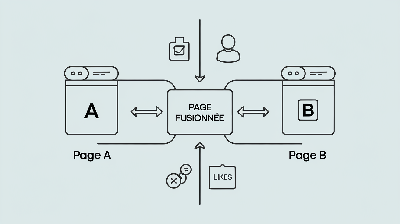 Diagramme avant/après fusion pages Facebook audiences conservées