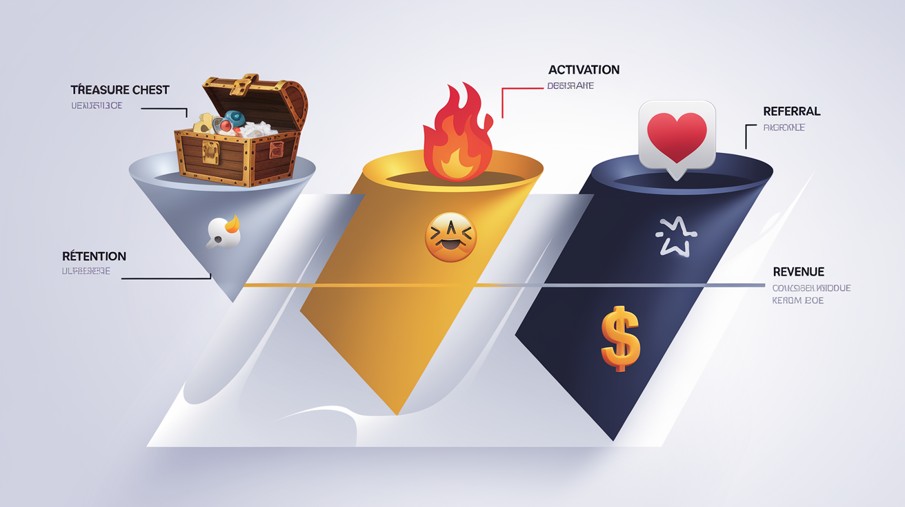 Diagramme du Pirate Funnel de Dave McClure avec des emojis illustrant chaque étape