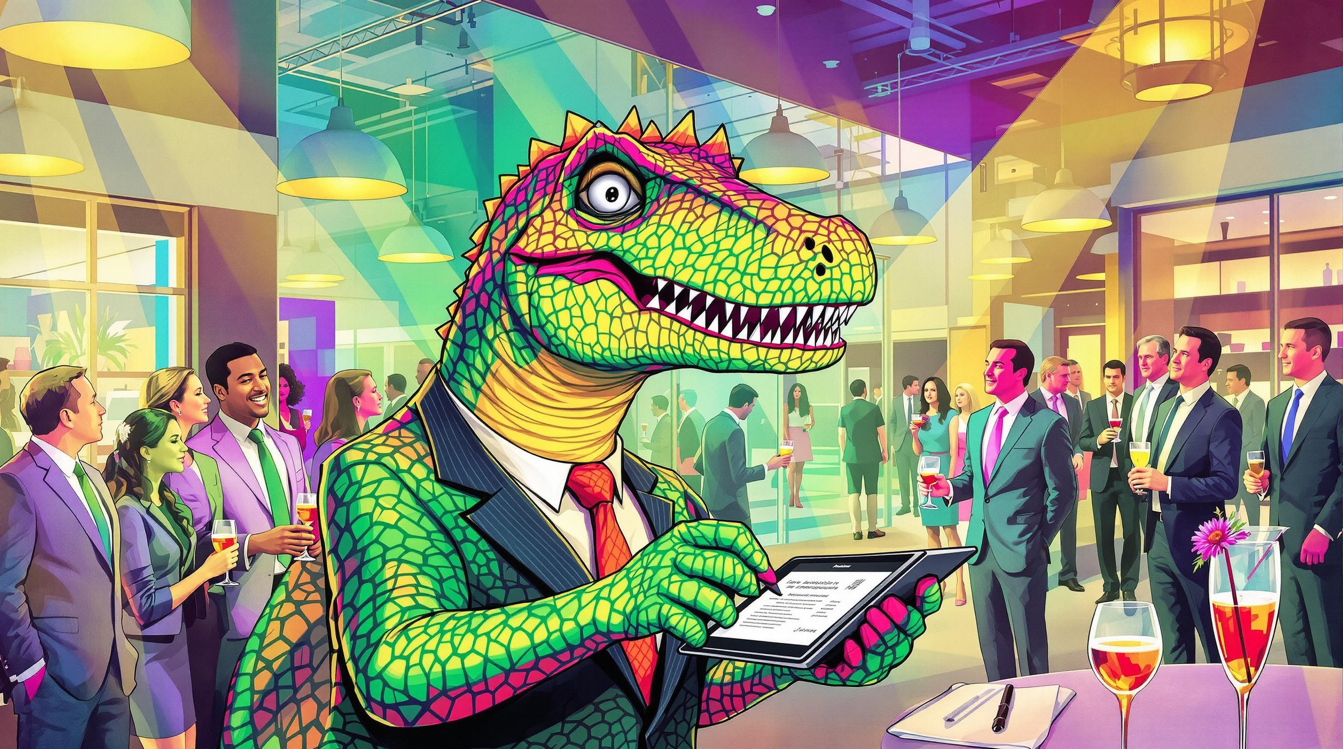 Un dinosaure en costume-cravate signant sur une tablette numérique dans un bureau moderne, illustration satirique.