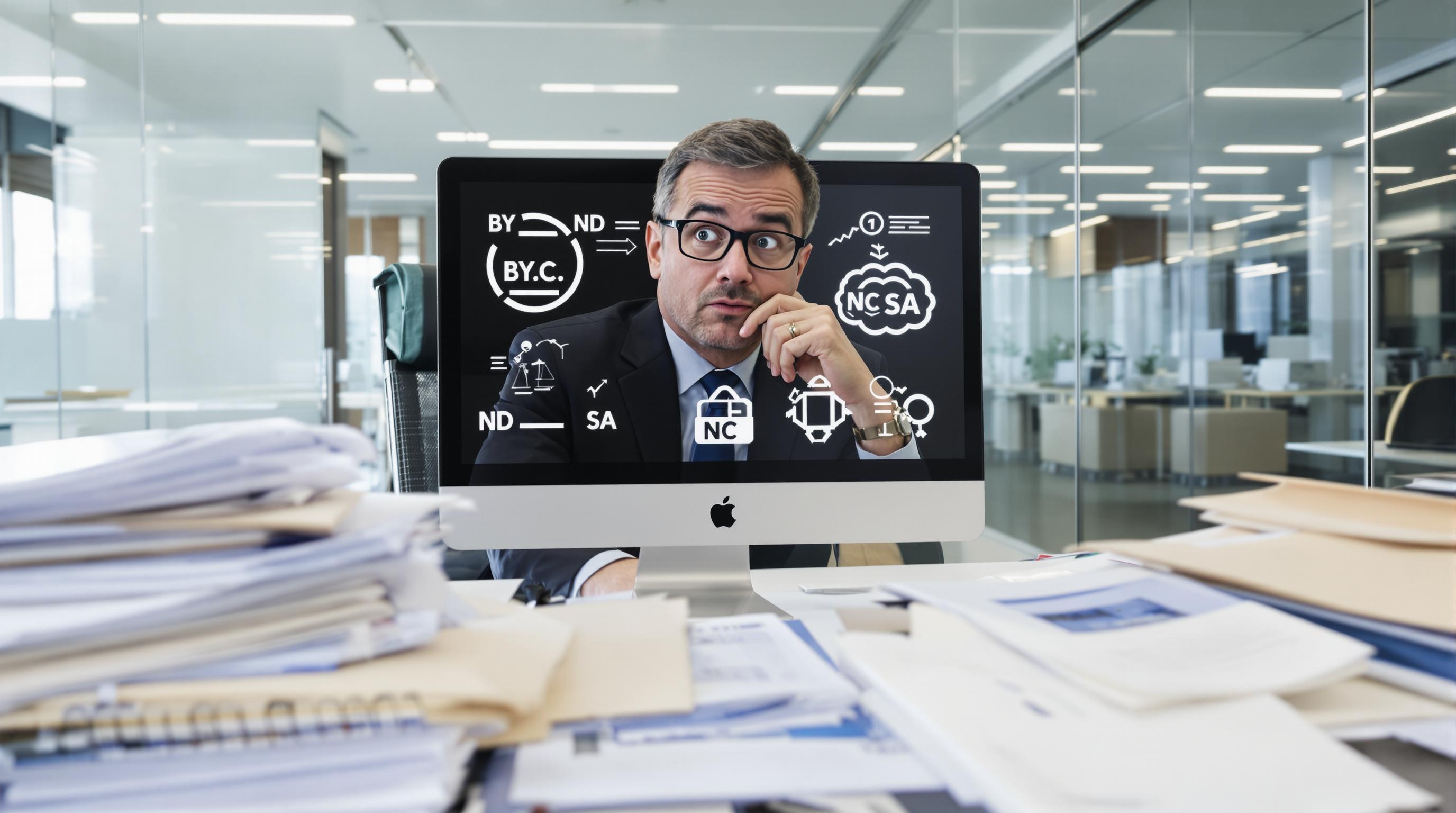 Dirigeant PME devant pictogrammes Creative Commons perplexe