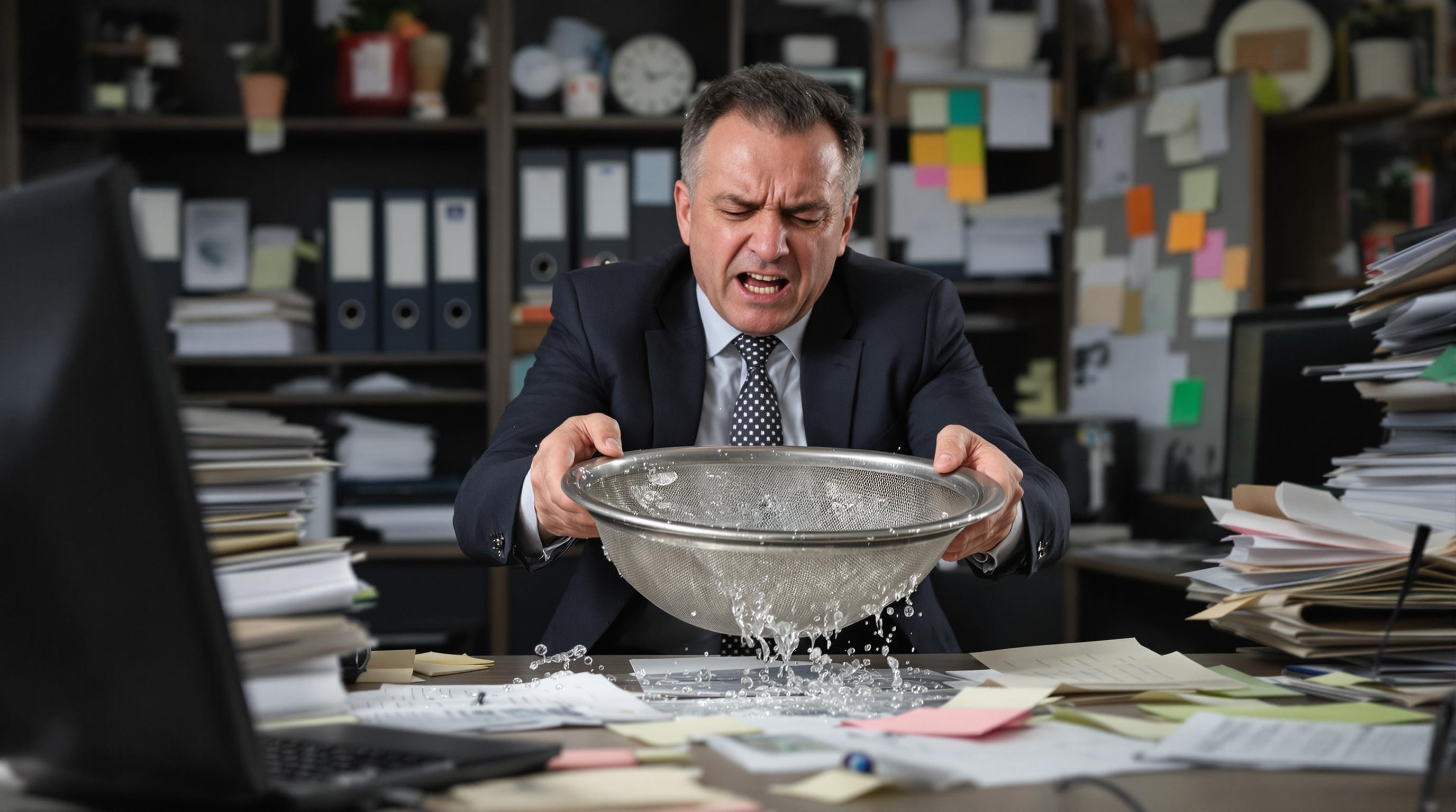 Illustration humoristique d'un dirigeant PME tentant de retenir l'eau dans un tamis, symbolisant la fragilité du Knowledge Management