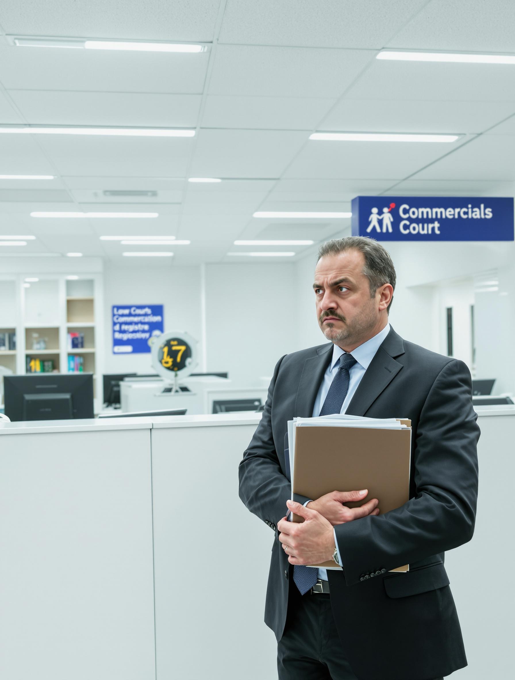 Dirigeant devant le guichet du greffe du tribunal de commerce