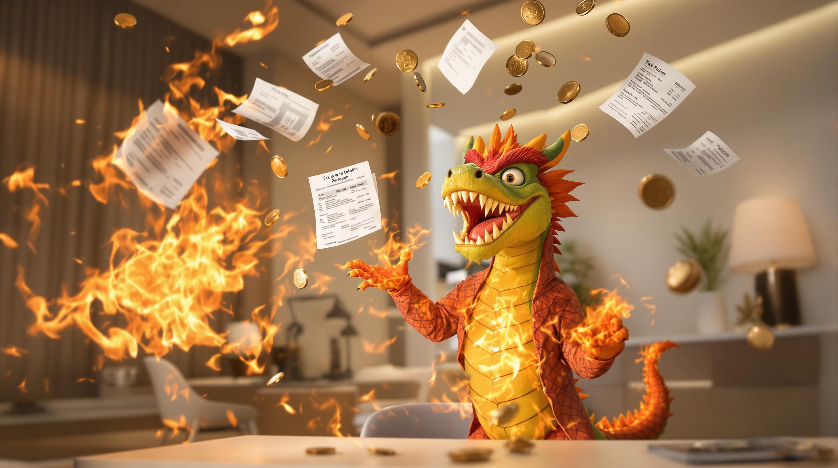 Illustration humoristique d’un dragon jonglant avec des formulaires fiscaux pour un cabinet de psychologue