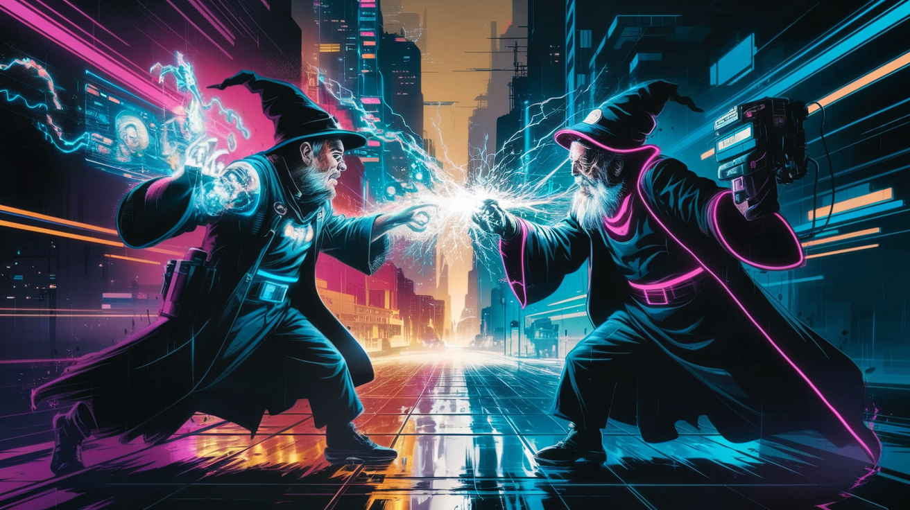 Duel sarcastique entre deux sorciers IA cyberpunk – générateur vs discriminateur