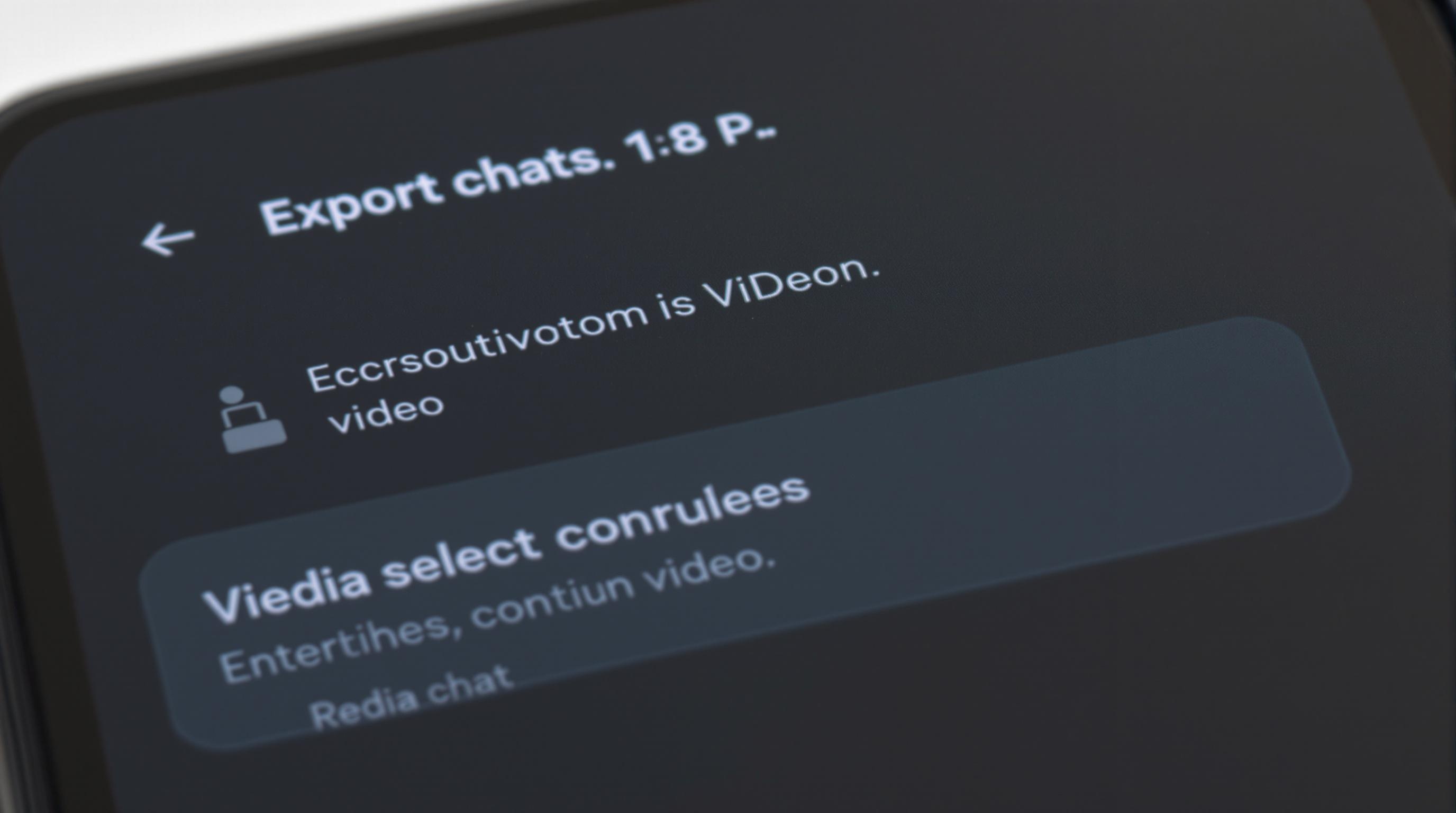 Écran Android affichant l’option Exporter chat avec sélecteur vidéo haute résolution