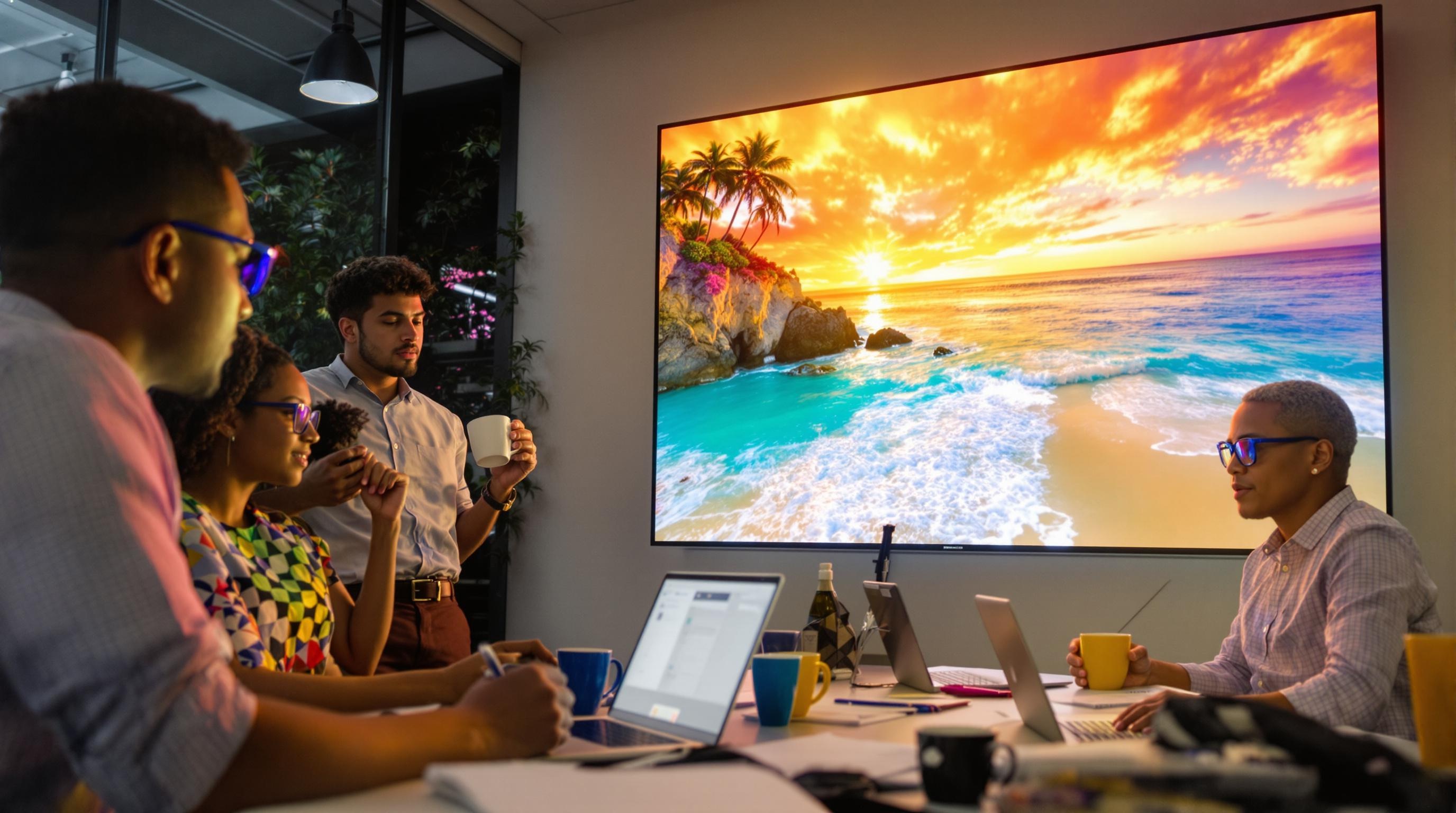 Des détectives de bureau analysant une plage sur écran géant, ambiance investigation numérique