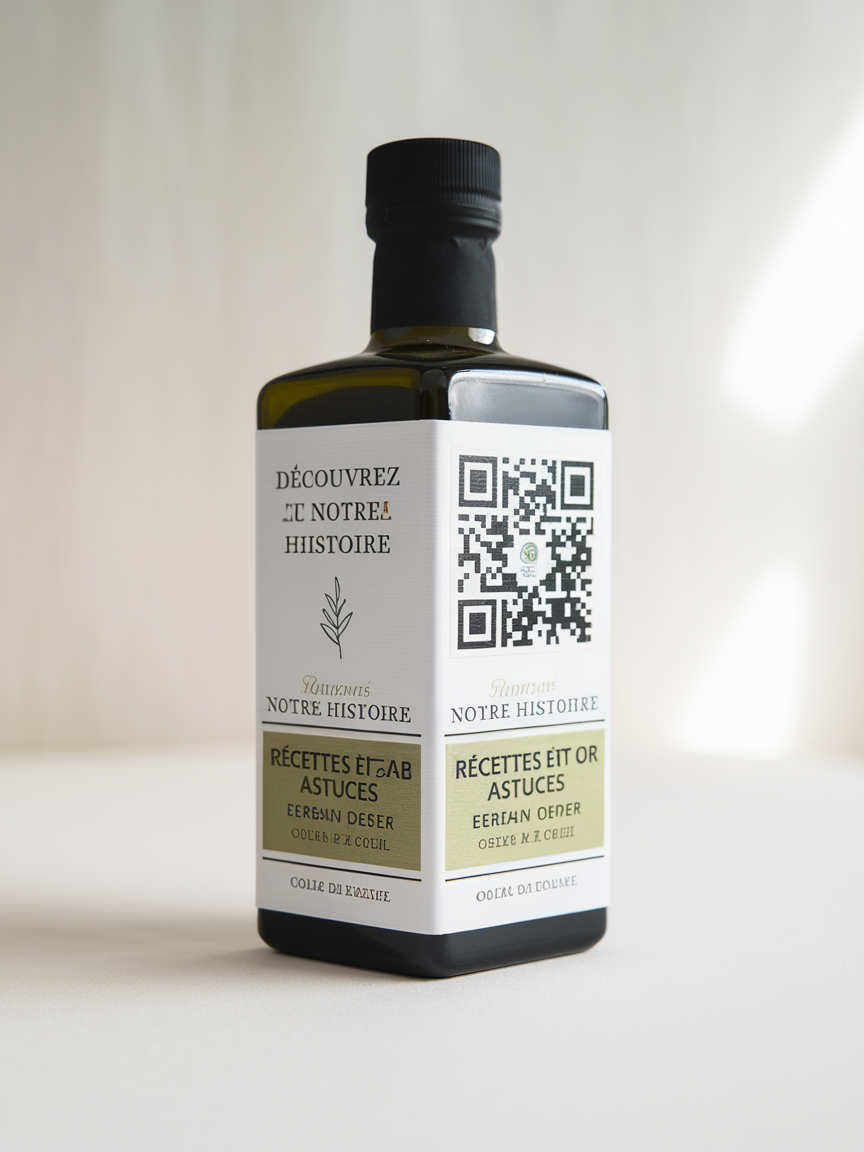 Étiquette épurée d’huile d’olive artisanale avec QR code visible et appel à l’action.