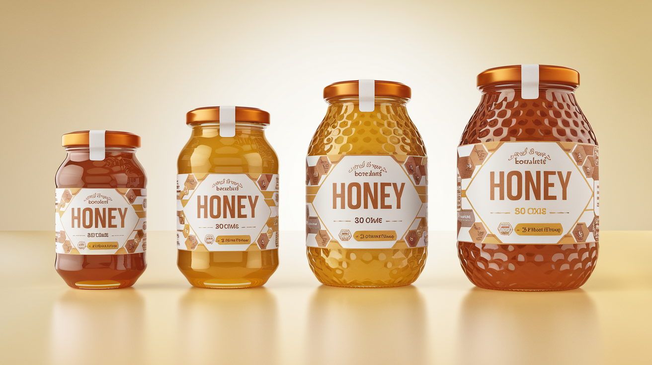 Trois pots de miel (250g, 500g et 1kg) arborant exactement la même étiquette professionnelle – seul le poids net change. Illustration parfaite d’un design modulable.