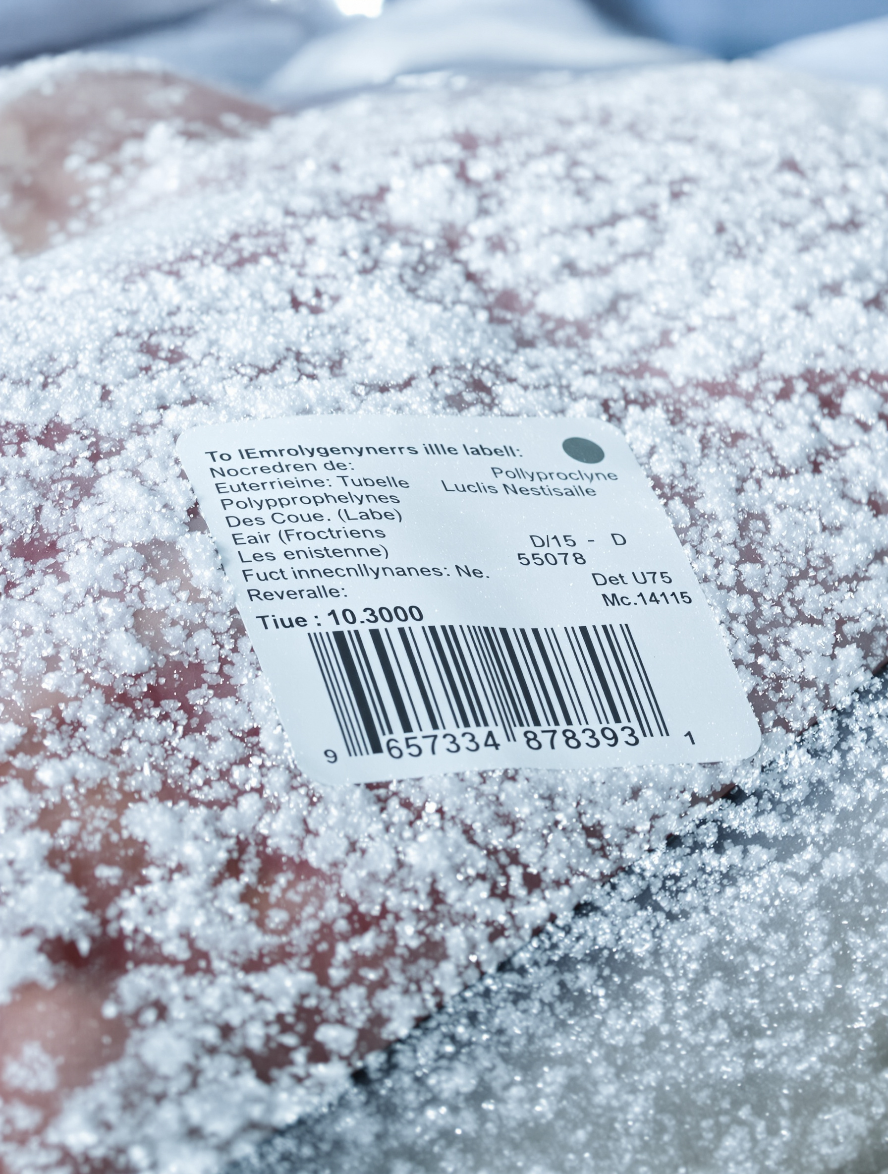 Étiquette polypropylène surgelé avec code-barres impeccable malgré le givre