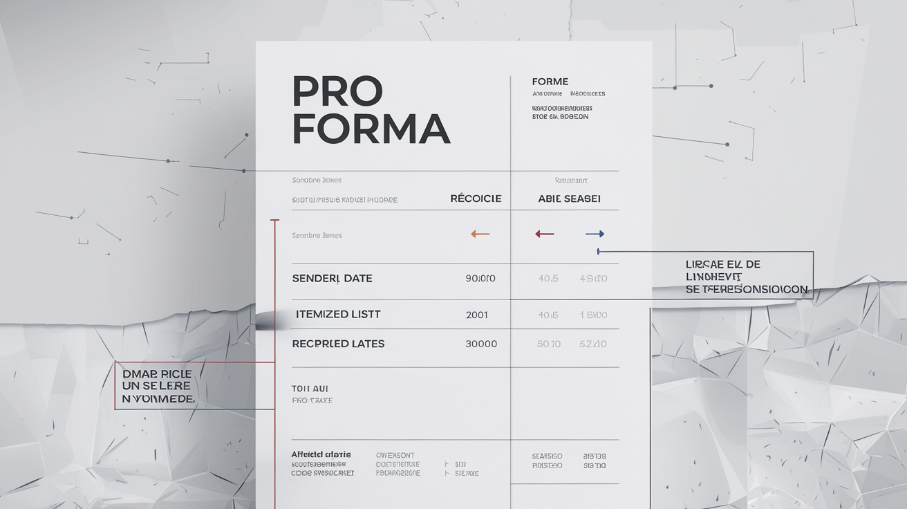 Exemple visuel d'une facture pro forma, mettant en évidence les mentions qui la distinguent d'une facture définitive, notamment l'absence de numéro de facture officiel et la mention 'Pro Forma'.