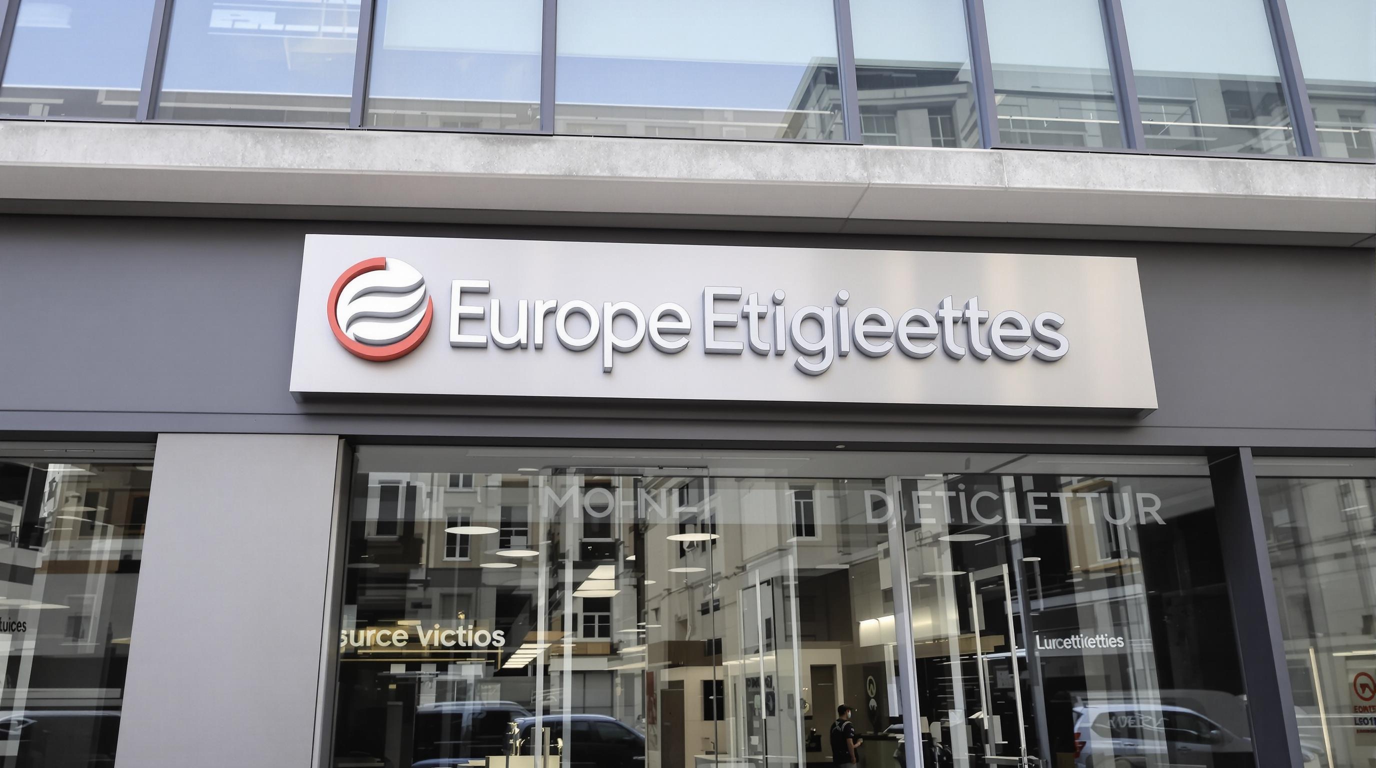 Façade du siège d'Europe Etiquettes à Montreuil, panneau signalétique moderne.