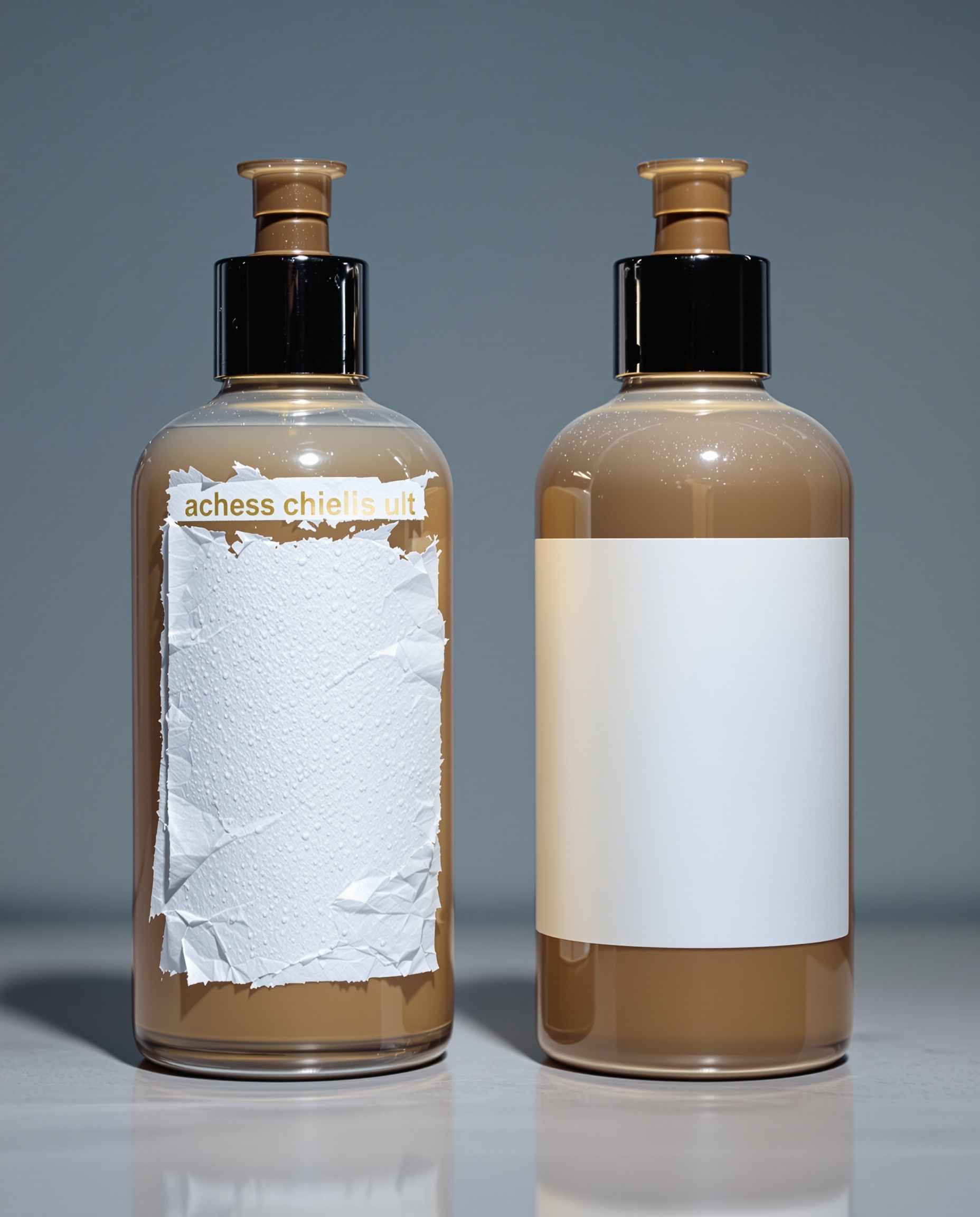 Flacon cosmétique avec étiquette mal posée à côté d’un modèle parfait.