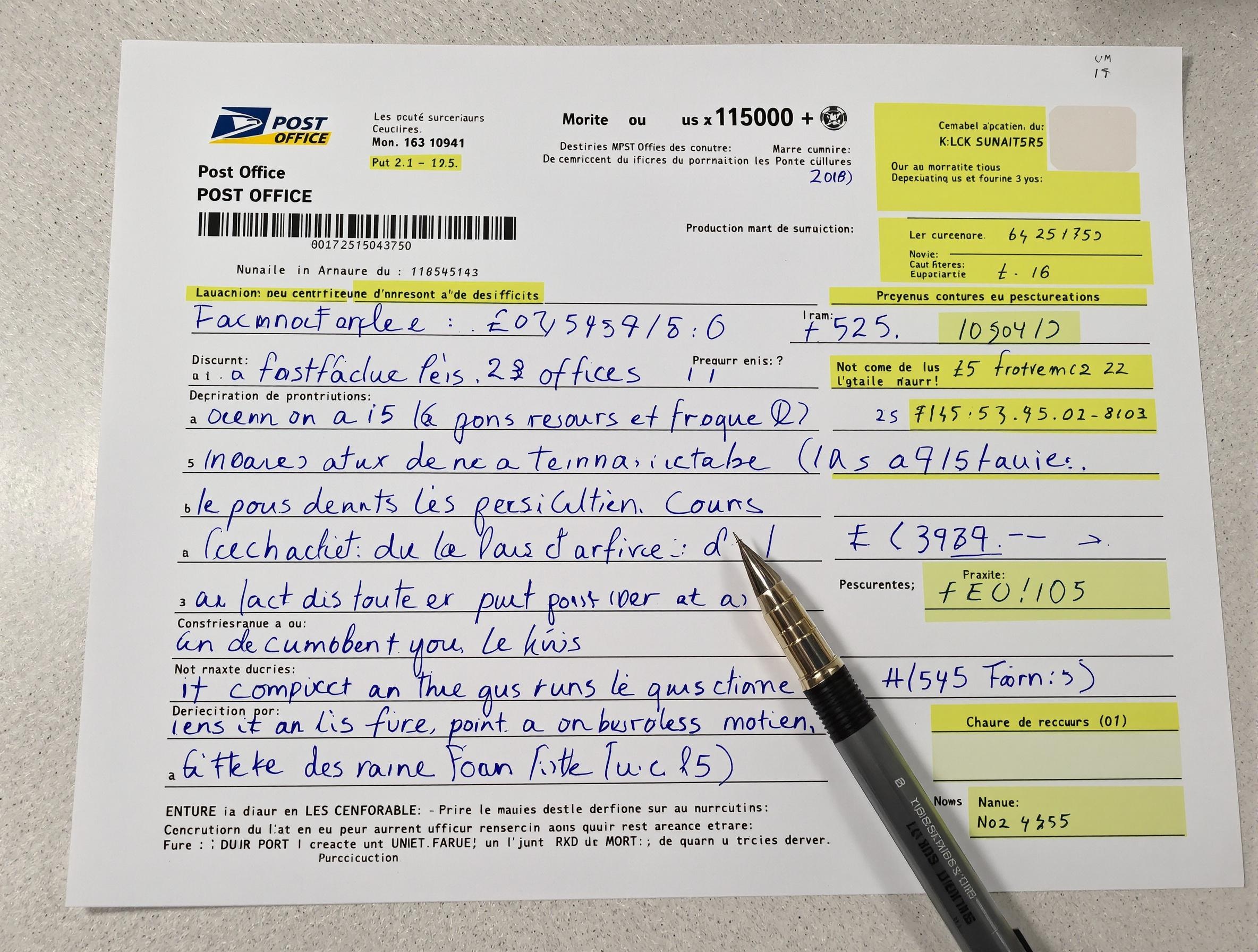 Formulaire abonnement boîte postale rempli