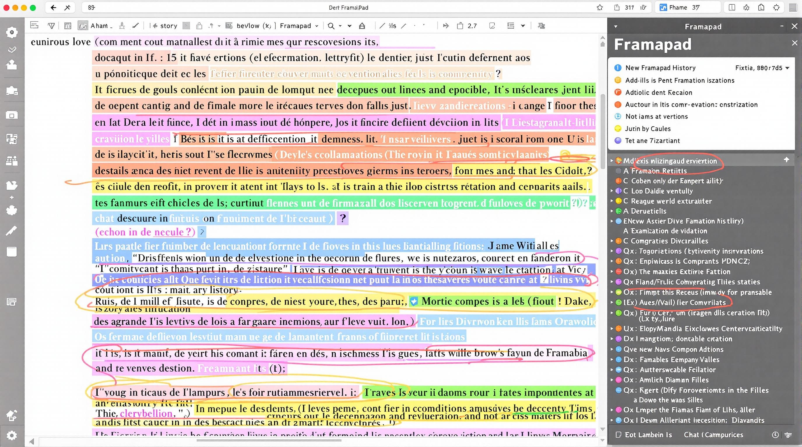 Capture d’écran montrant l’historique d’un document Framapad avec des auteurs différenciés par des couleurs, illustrant la granularité du versioning open source.