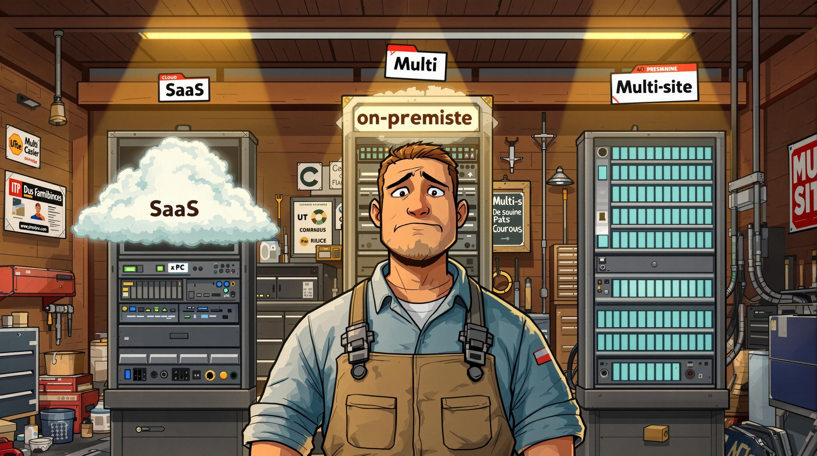 Garagiste perplexe devant les modes d’hébergement SaaS, on-premise, multi-sites