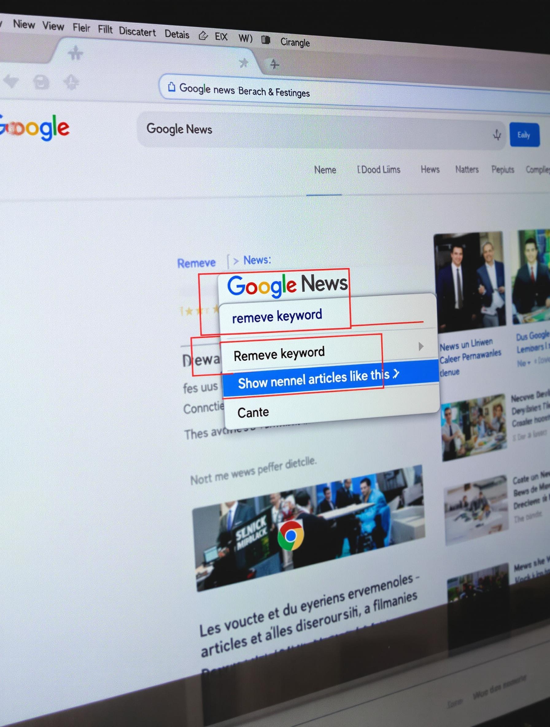 Menu contextuel pour retirer un mot-clé bloqué sur Google News