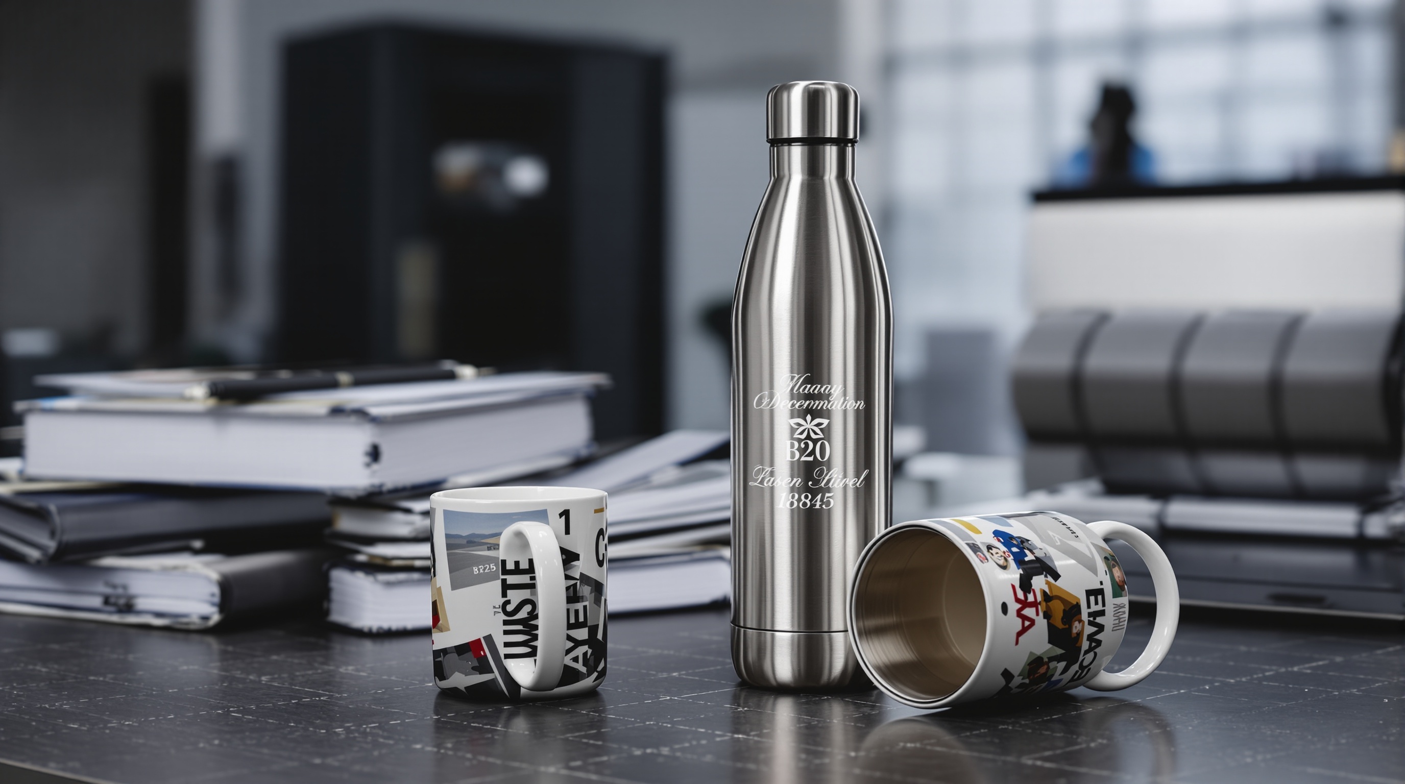 gourde publicitaire B2B marquage laser sur bureau professionnel