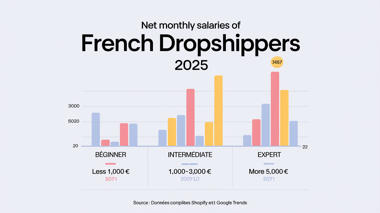 Histogramme des salaires nets mensuels des dropshippers français en 2025, compilé à partir des données Shopify et Google Trends