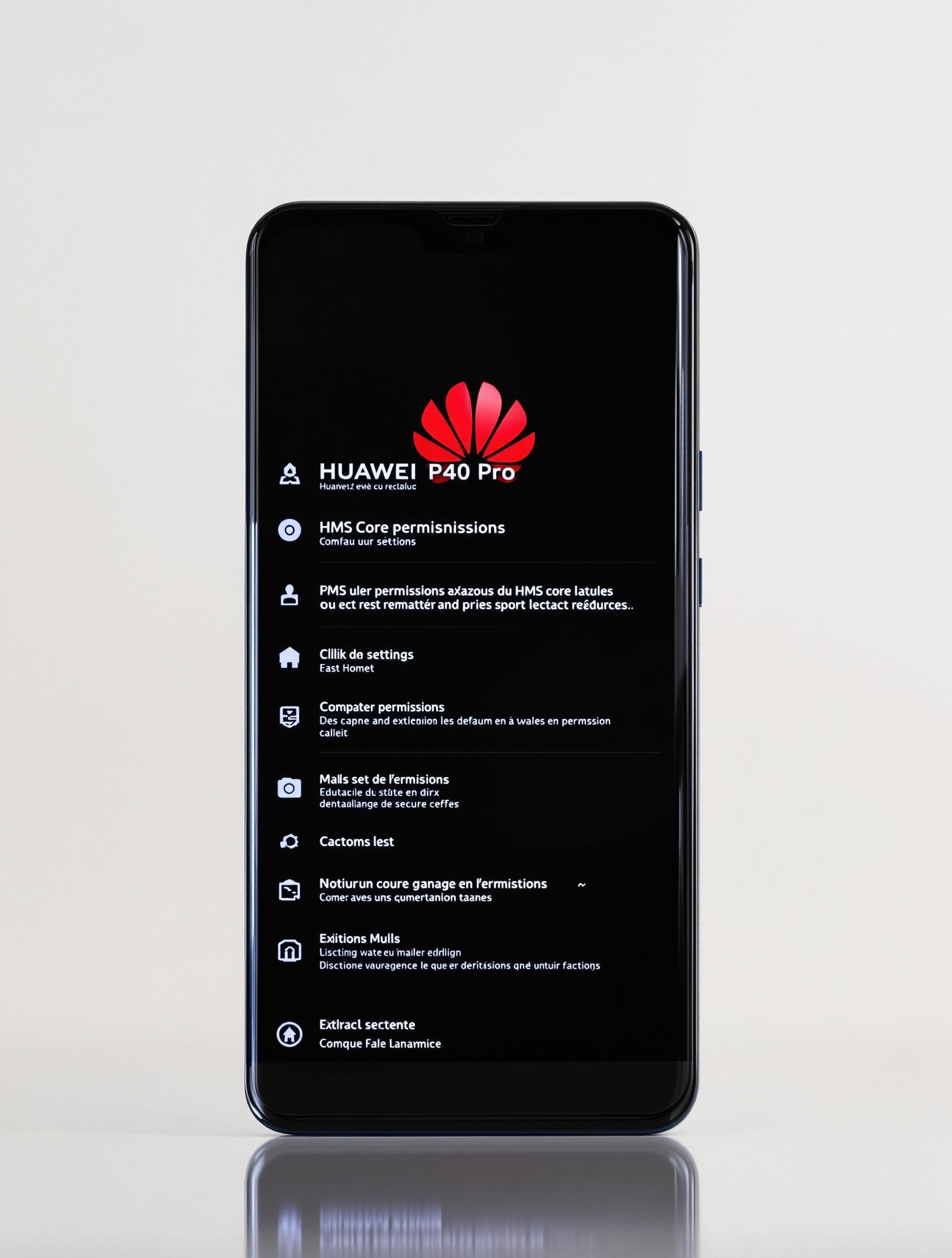 Smartphone Huawei P40 Pro affichant l’écran de permissions HMS Core dans les paramètres, éclairage studio, logo Huawei rouge bien visible