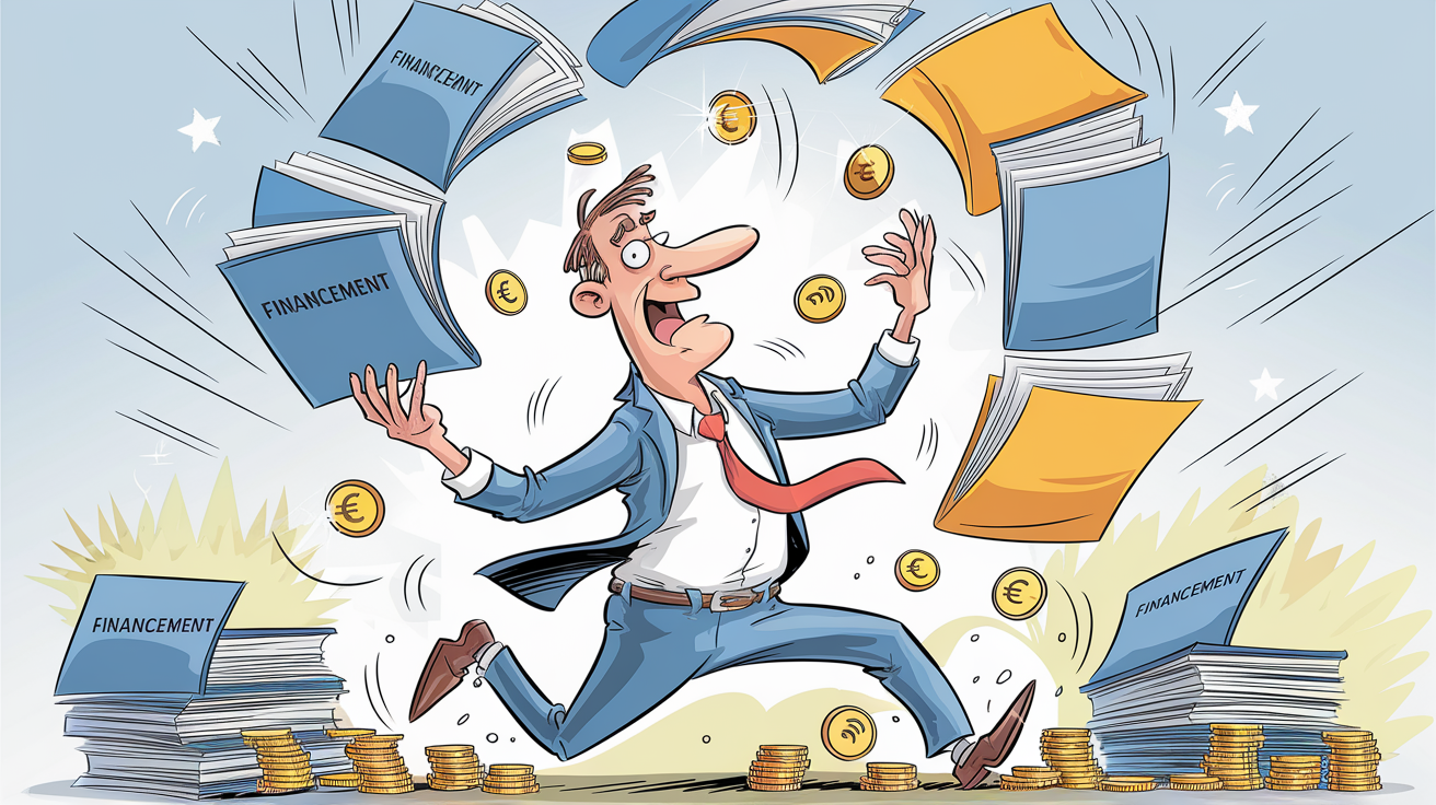 Auto-entrepreneur jonglant avec des pièces de monnaie et dossiers de financement, incarnant la diversité des dispositifs de formation professionnelle.