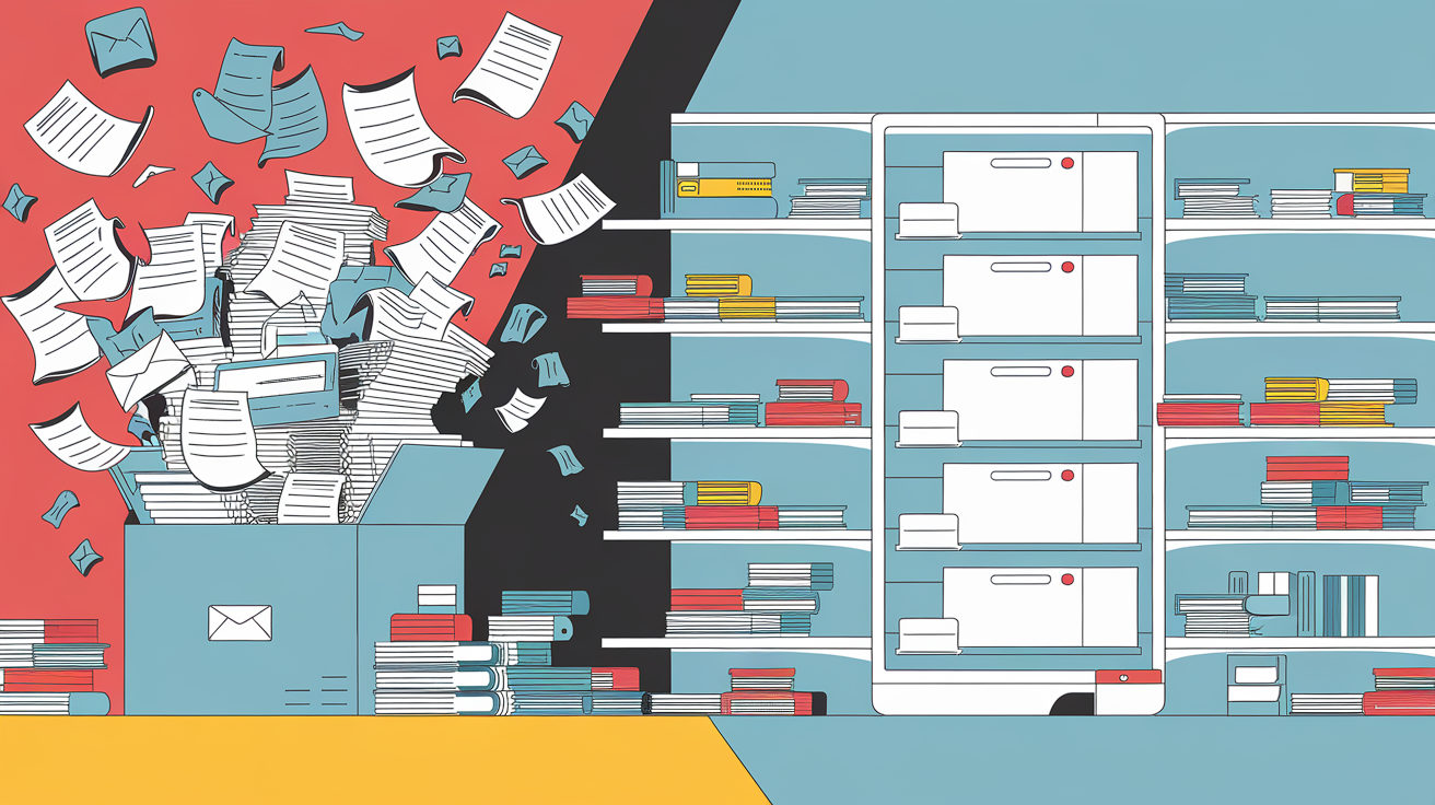 Illustration du chaos dans une boîte mail comparé à une base de données organisée