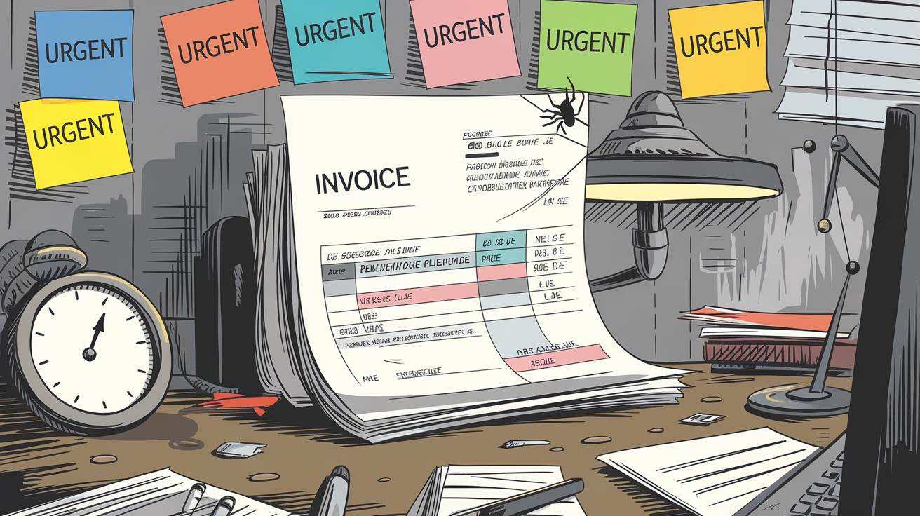 Facture qui prend la poussière, post-it urgent et montre qui tourne