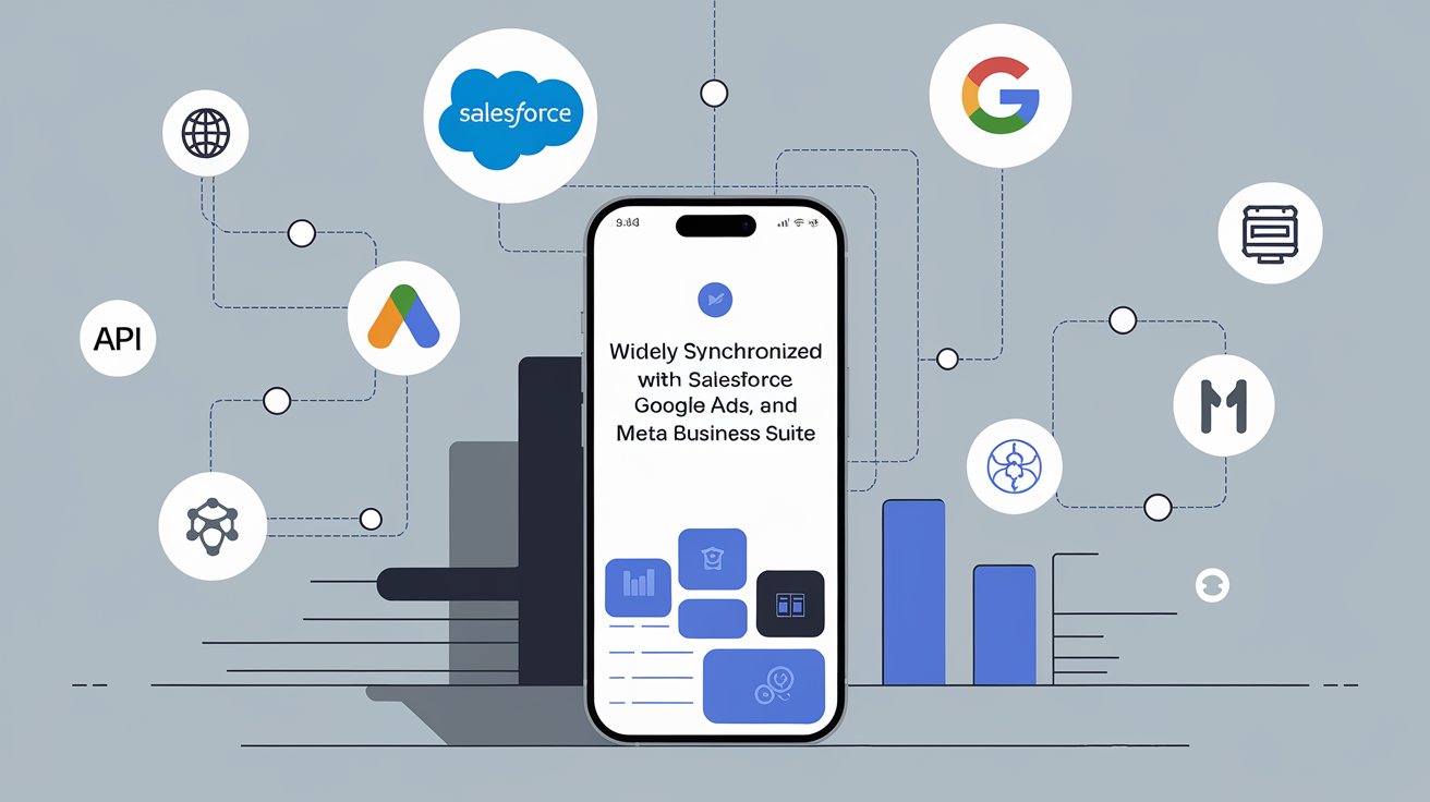Illustration d’un smartphone montrant Widely synchronisé avec Salesforce, Google Ads et Meta API