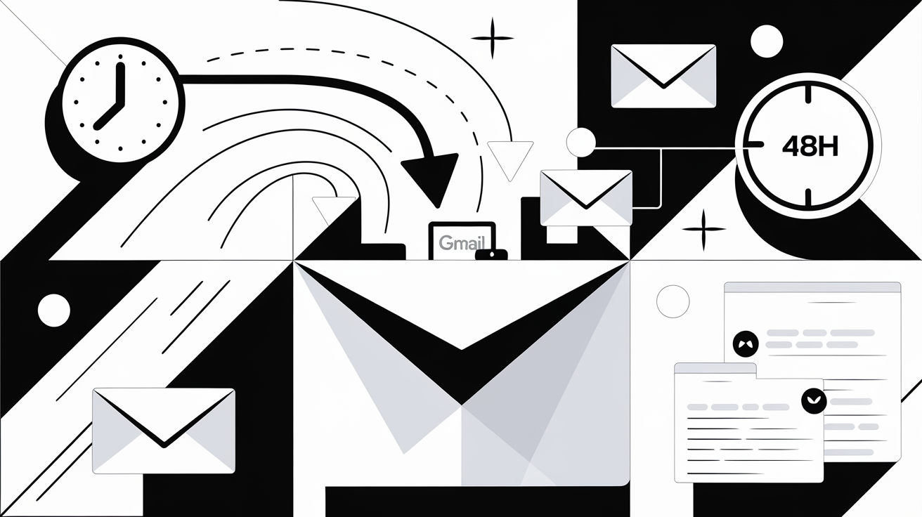 Importation emails via POP/IMAP entre deux boîtes Gmail, délai 48h affiché.