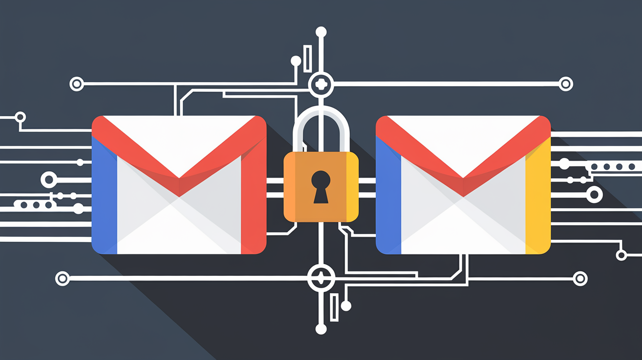 Deux boîtes Gmail séparées par un cadenas, pictos sécurité