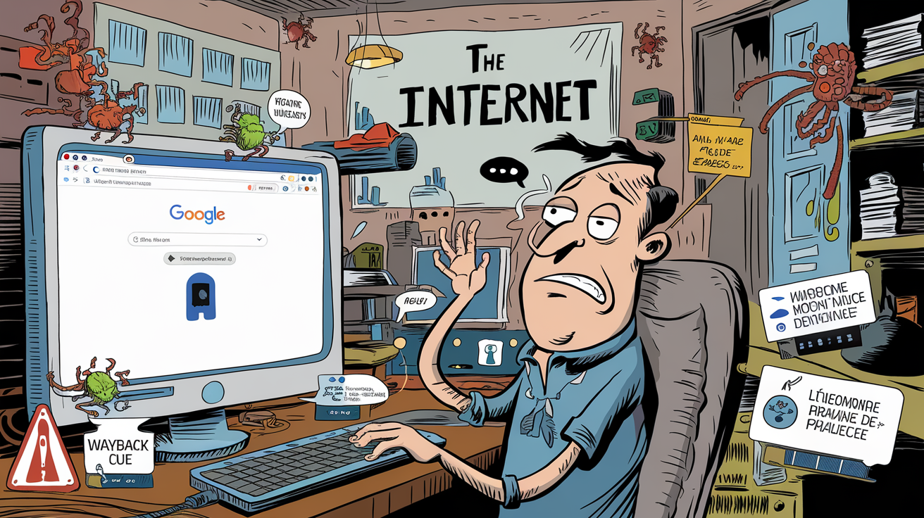 Illustration humoristique d’un internaute confronté à des bugs et quotas liés à l’icône Wayback Machine