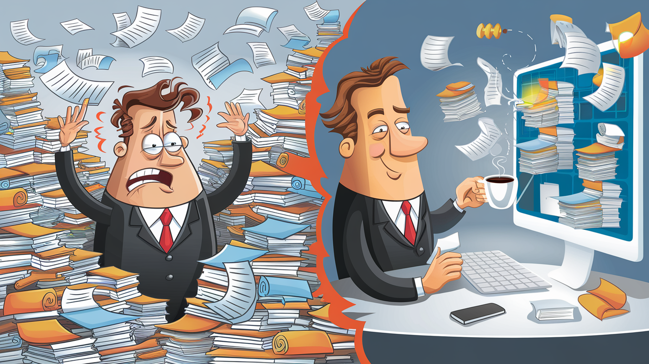 Comparaison entre un manager débordé par la paperasse et un manager serein grâce au SAE