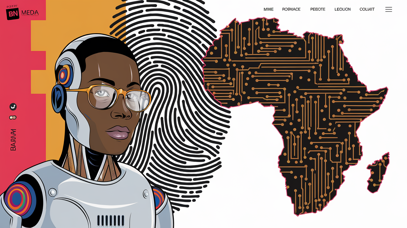 Robot IA africain, empreinte digitale géante, carte de l'Afrique en circuits imprimés