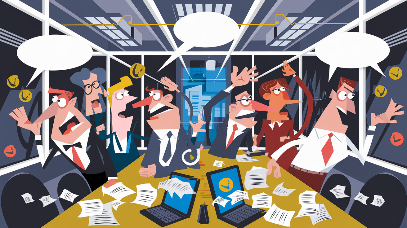 Illustration satirique d'une communication d'entreprise défaillante où les messages se perdent, symbolisant les blocages récurrents dans les PME.