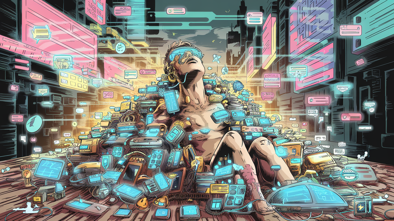 Illustration satirique d’un humain dépassé par une avalanche de gadgets de réalité augmentée, d’écrans et de notifications représentant l’évolution du multimédia.