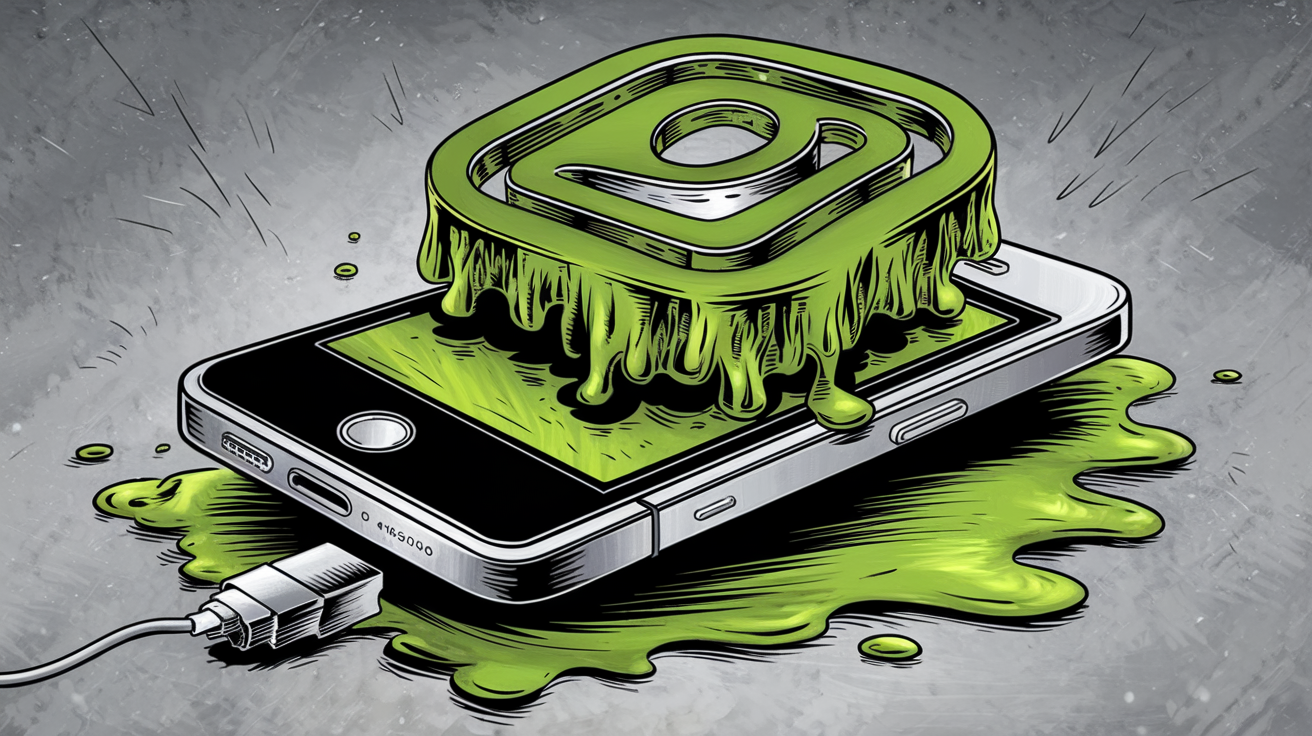 Illustration d'une pastille verte Instagram géante sur une batterie fondue