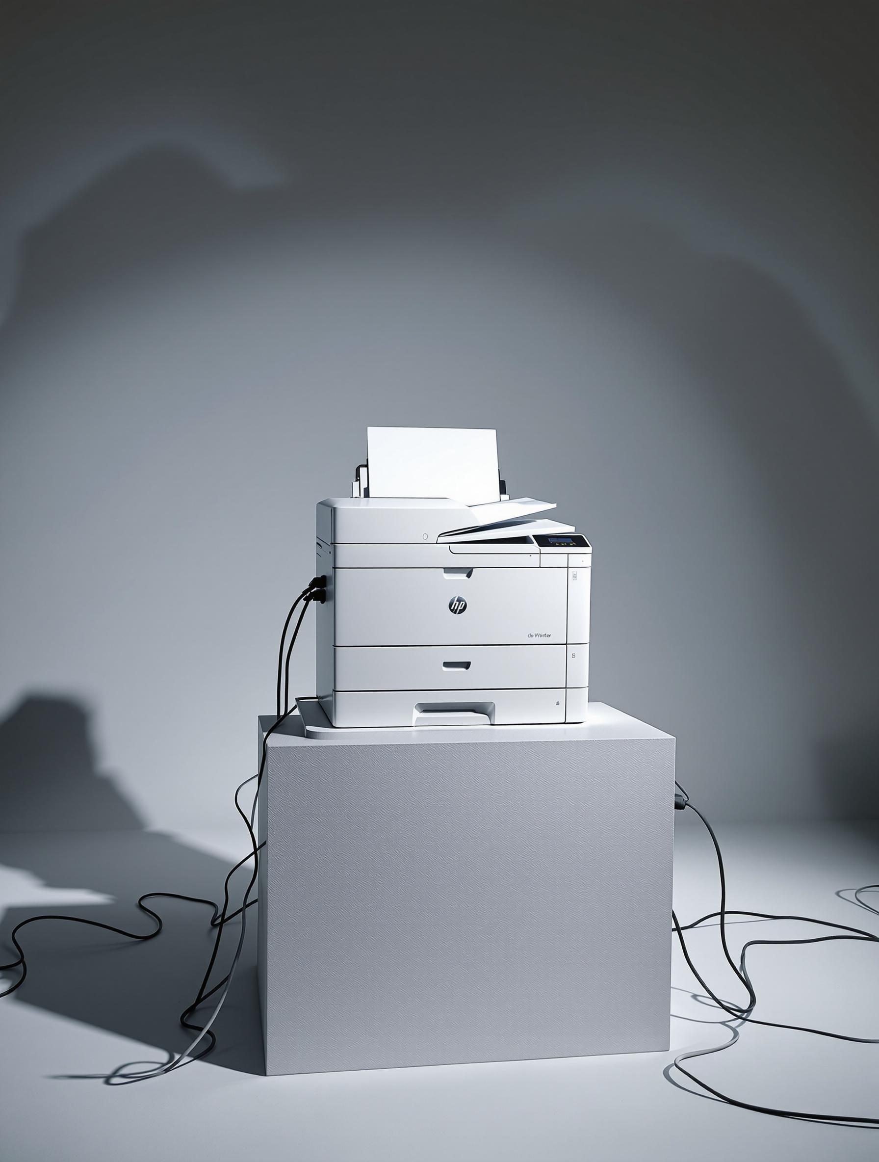 imprimante sans papier, style studio photo, ambiance absurde, métaphore de l’inutilité