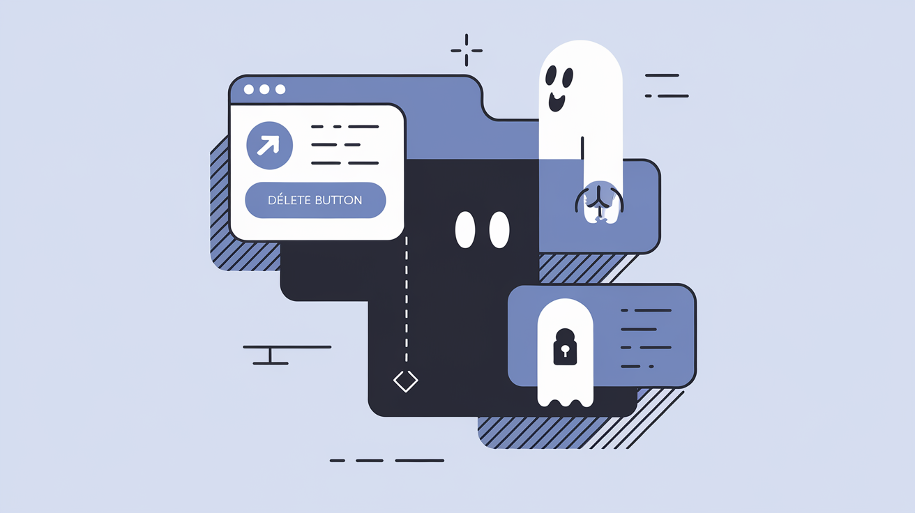 Infographie ironique des pièges classiques lors de la suppression d’une page Facebook : bouton grisé, admin caché, cadenas double auth.