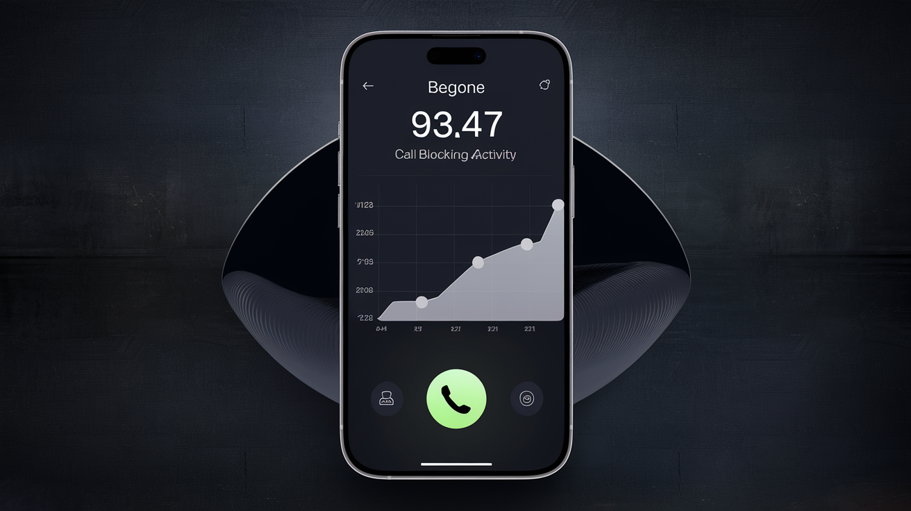 Interface de Begone montrant un appel bloqué en temps réel avec un graphique de précision sur fond sombre minimaliste