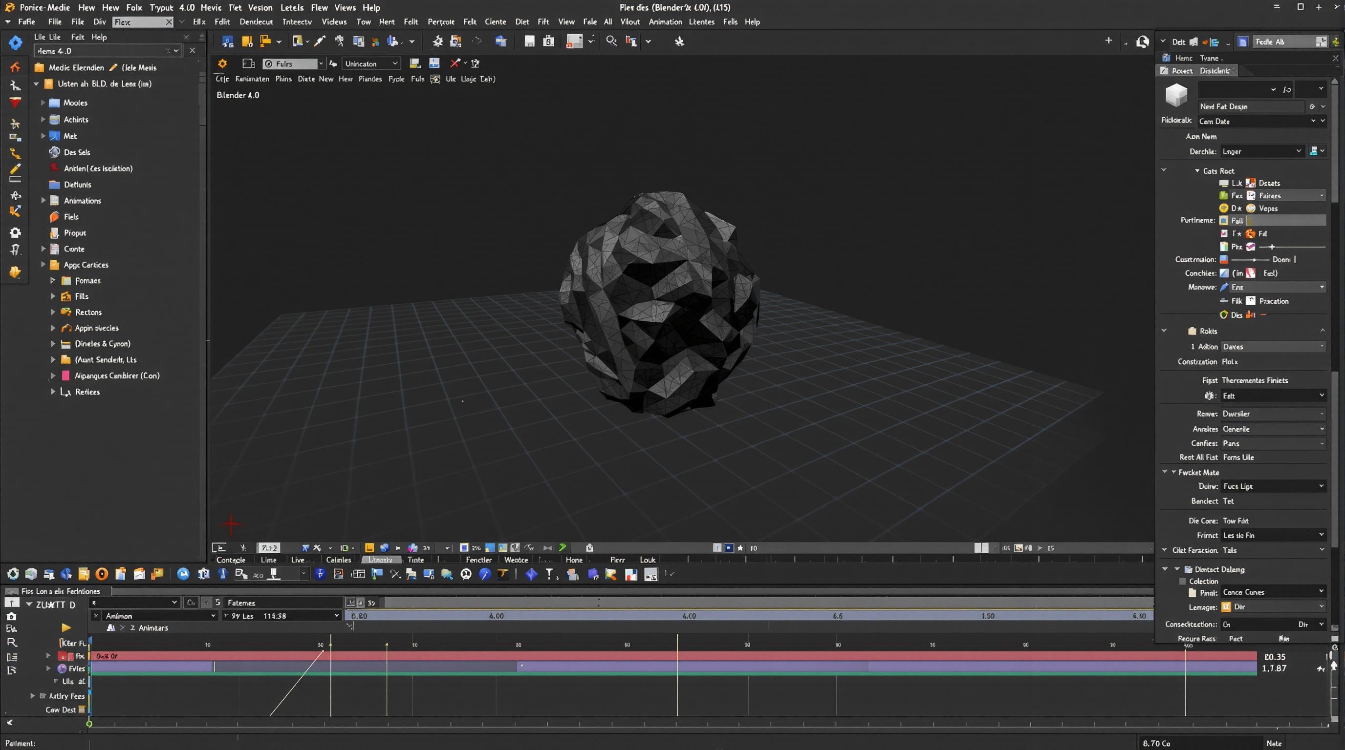 Interface de Blender 4.0 montrant un modèle low-poly en mode shading et la timeline d’animation